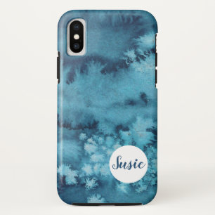 Blue abstract watercolor phone case with name