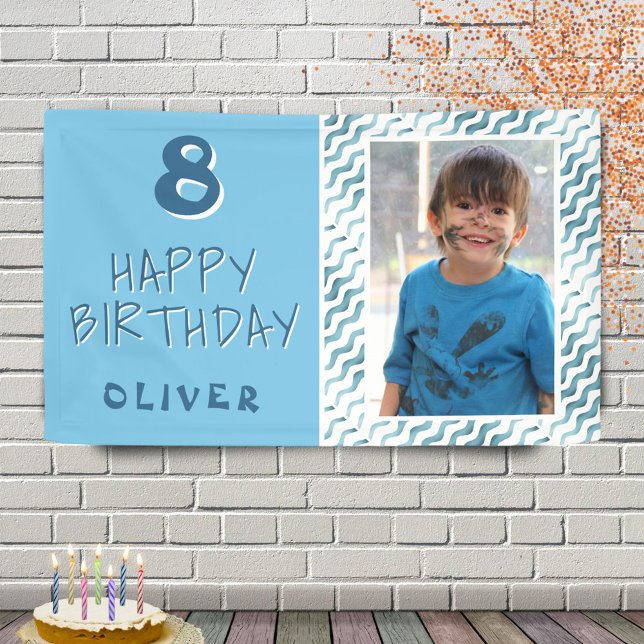 Blue Abstract Wave Boy Photo Happy Birthday Banner (Creator Uploaded)