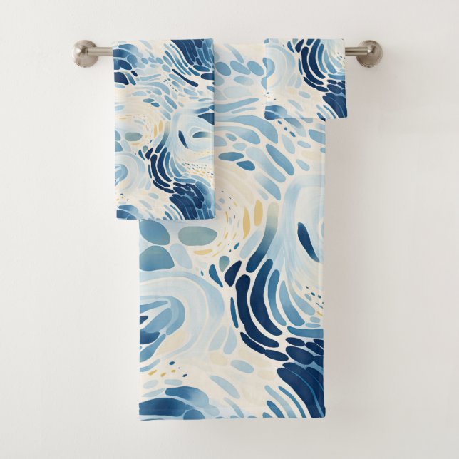 Blue Abstract Waves Beach Pattern Bath Towel Set (Insitu)