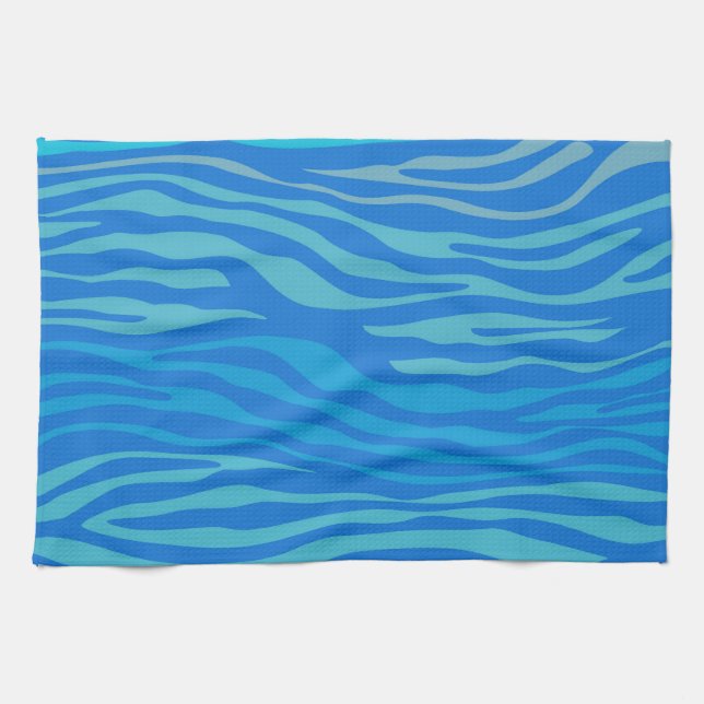 Blue Abstract Zebra Stripe Tea Towel (Horizontal)