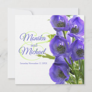 Blue Aconitum flowers wedding square linen invite