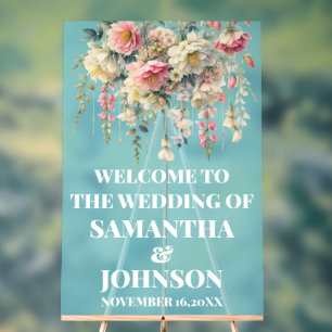 Blue Acrylic Floral Wedding Welcome Sign