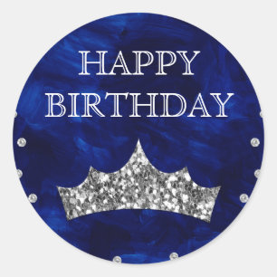 Blue Acrylic & Silver Glitter Crown Birthday Classic Round Sticker