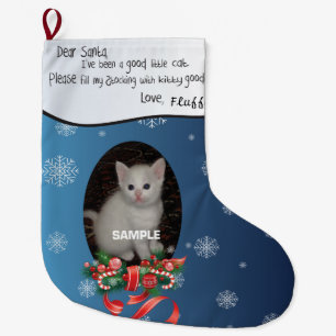 Blue ADD YOUR Cat Photo and Name Dear Santa Large Christmas Stocking