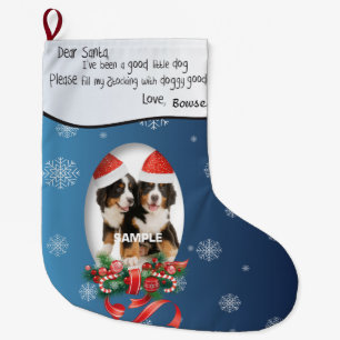 Blue ADD YOUR DOG Photo and Name Dear Santa Large Christmas Stocking