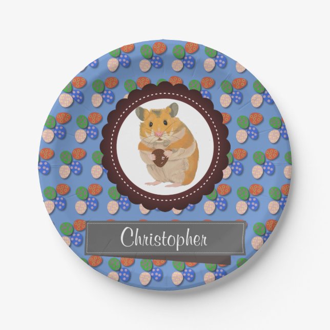 Blue Add Your Name Hamster Easter Paper Plate (Front)
