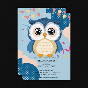 Blue Adorable Woodland Baby Owl Baby Shower Invitation