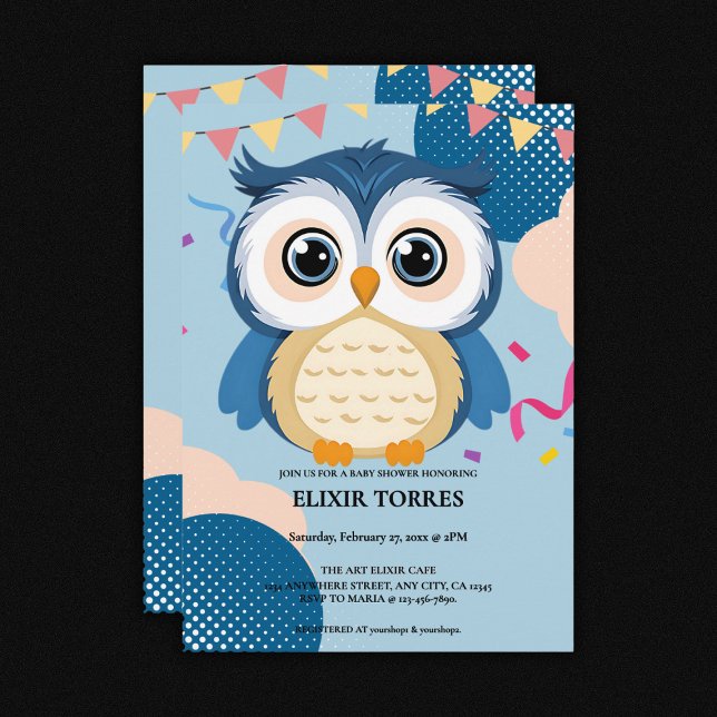Blue Adorable Woodland Baby Owl Baby Shower Invitation (Creator Uploaded)
