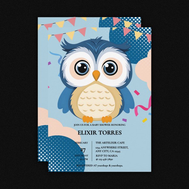 Blue Adorable Woodland Baby Owl Baby Shower Invitation (Creator Uploaded)