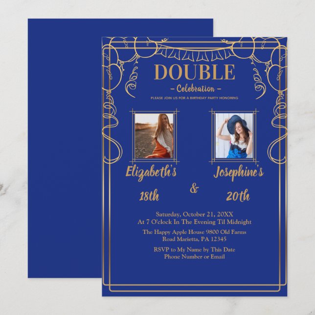 Blue Adult Joint Birthday Party  2 Photo Invitation (Front/Back)