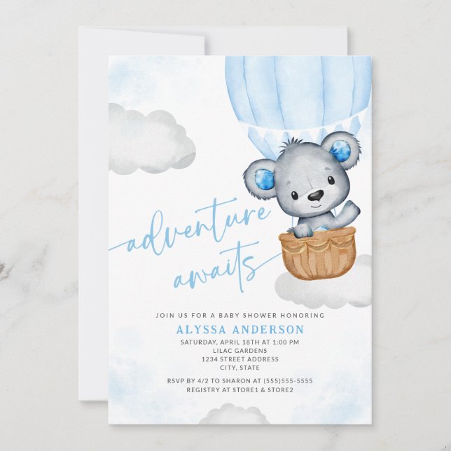 Blue Adventure Awaits Bear Balloon Boy Baby Shower Invitation (Front)