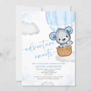 Blue Adventure Awaits Bear Balloon Boy Baby Shower Invitation