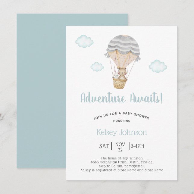 Blue Adventure Woodland Teddy Bear Baby Shower Invitation (Front/Back)