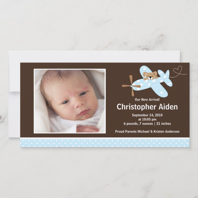Blue Aeroplane Baby Boy Birth Annoucement Announcement (Front)
