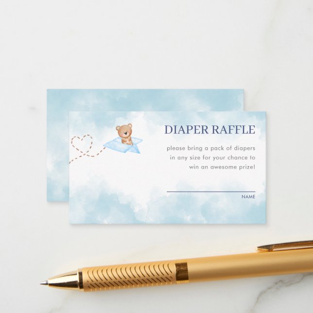 Blue Aeroplane Bear Diaper Raffle Enclosure Card (Front/Back In Situ)