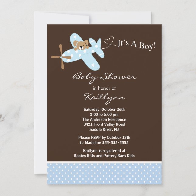 Blue Aeroplane Boy Baby Shower Invitation (Front)