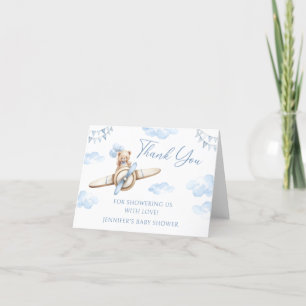 Blue Aeroplane Cute Teddy Bear Bow Baby Shower Thank You Card