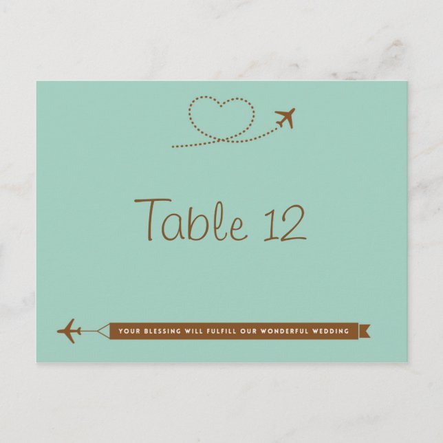Blue Aeroplane Heart Wedding Table Number Card (Front)