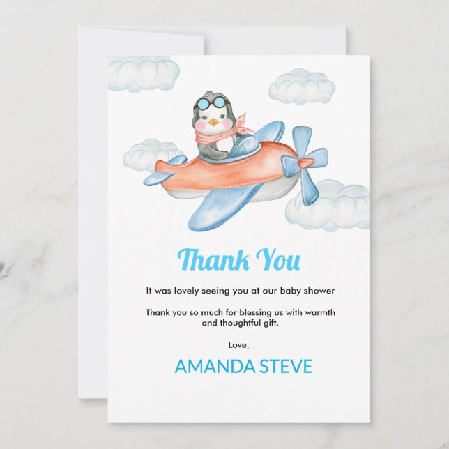Blue Aeroplane Penguin Baby Shower Thank You Card (Front)