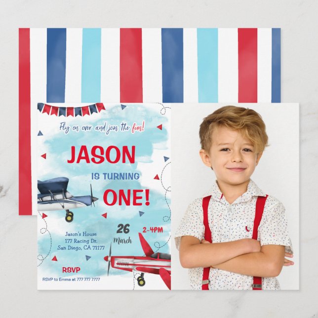 Blue Aeroplane Photo Invitation (Front/Back)