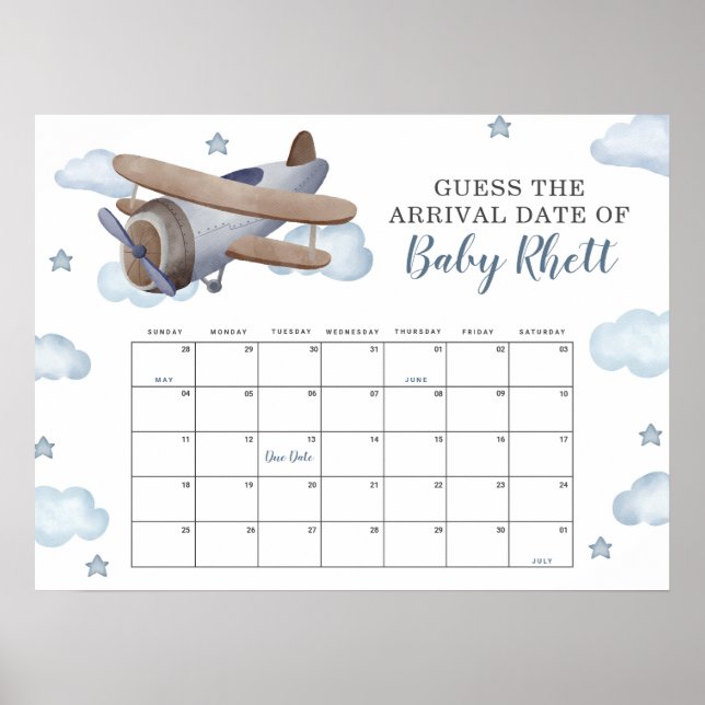 Blue Aeroplane Shower Guess Baby Due Date Calendar Poster (Front)
