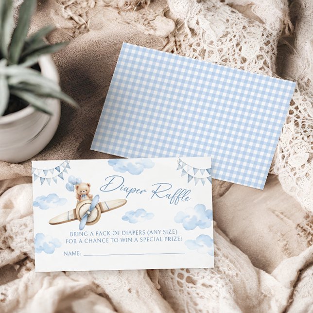 Blue Aeroplane Teddy Bear Baby Shower Diaper Raffl Enclosure Card (Creator Uploaded)