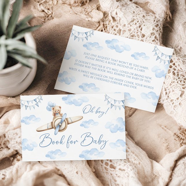 Blue Aeroplane Teddy Bear Bow Book for Baby Shower Enclosure Card (Creator Uploaded)