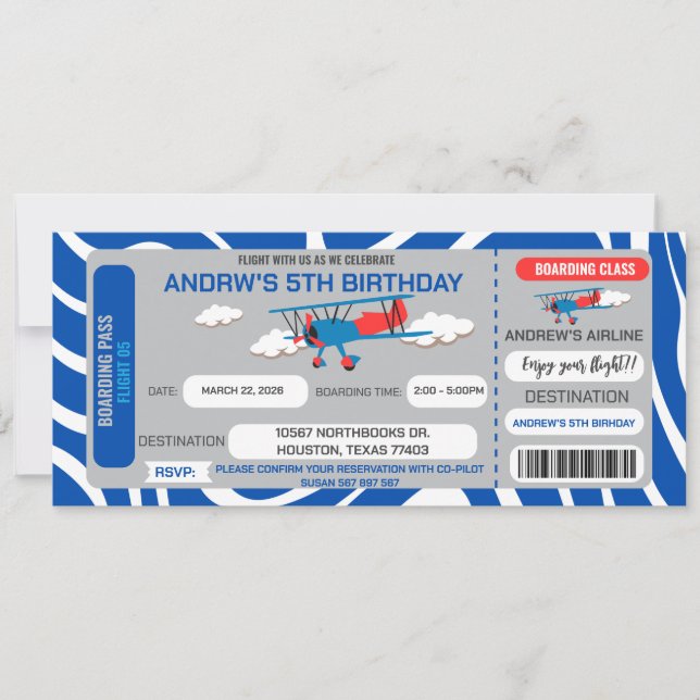 Blue Aeroplane Ticket Birthday Party Invitation (Front)