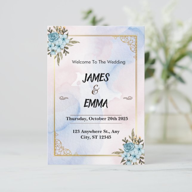 Blue Aesthetic Invitation Wedding Card (Standing Front)