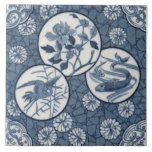 Blue Aesthetic Japanese Crane Fish Floral Repro Tile<br><div class="desc">This tile is reproduced from a circa 1880 Minton transferware tile with a rose,  chrysanthemums,  a flying crane and two fish in classic blue and white.</div>