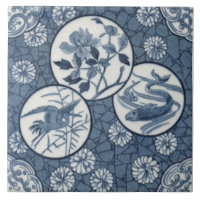 Blue Aesthetic Japanese Crane Fish Floral Repro
