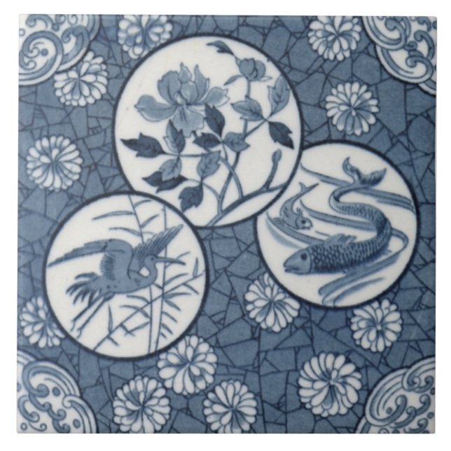 Blue Aesthetic Japanese Crane Fish Floral Repro Tile (Front)