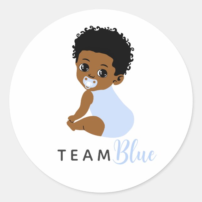 Blue African American Baby Boy Gender Reveal Classic Round Sticker (Front)