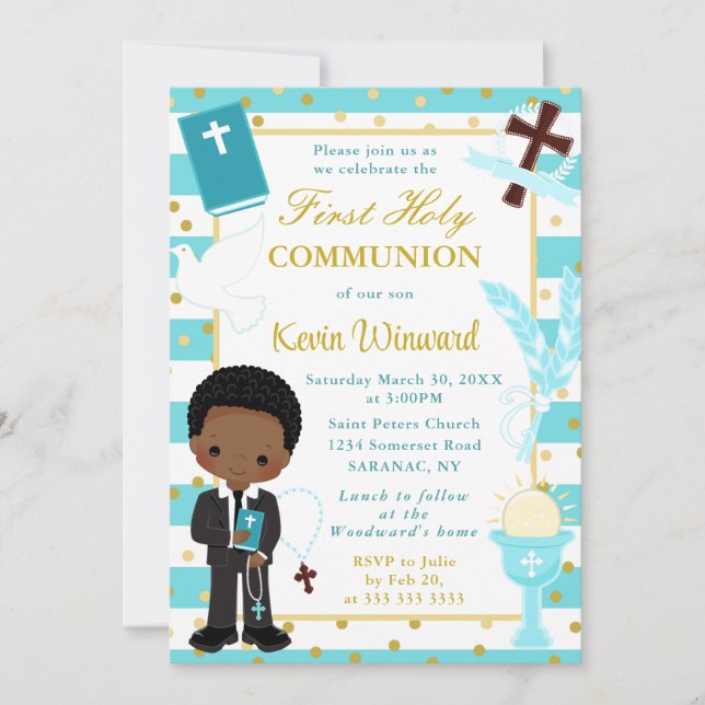 Blue African American Boy First Holy Communion Invitation (Front)