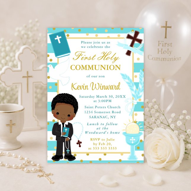Blue African American Boy First Holy Communion Invitation (Creator Uploaded)