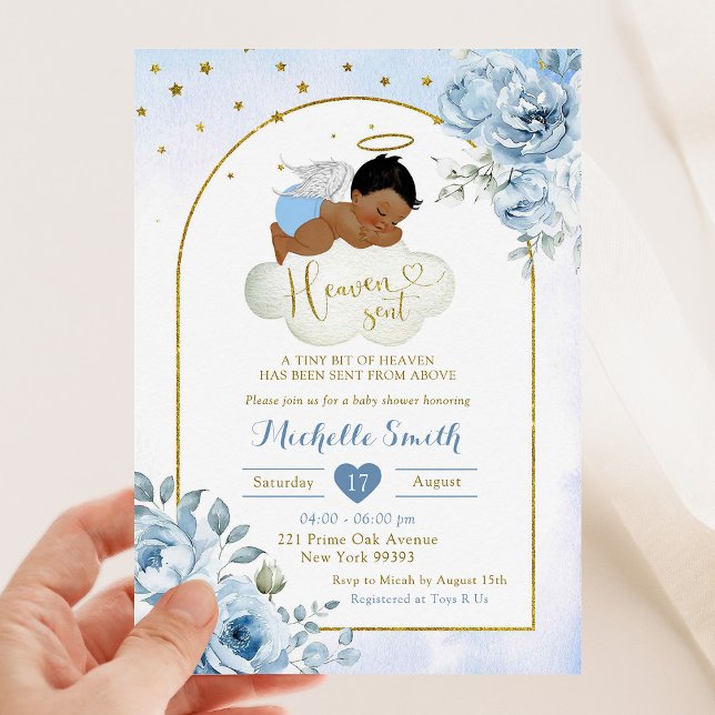 Blue African Little Angel Heaven Sent Baby Shower Invitation (Creator Uploaded)