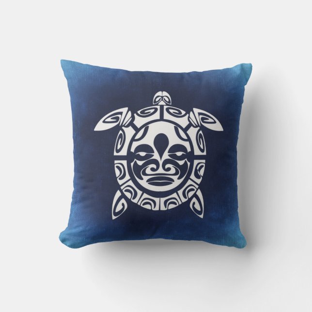 Blue African Tribal Mask Sea Turtle Cushion (Front)