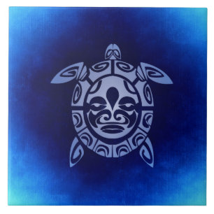 Blue African Tribal Mask Sea Turtle Tile
