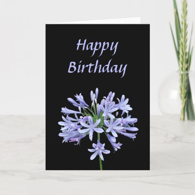 Blue Agapanthus Black Happy Birthday Card (Front)