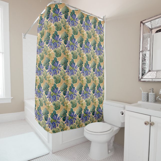 Blue Agapanthus on Tan Floral Shower Curtain (In Situ)