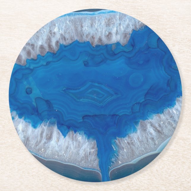 Blue agate crystal geode stone photo round paper coaster (Front)