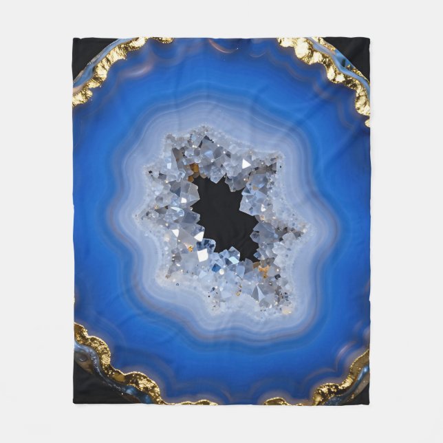 Blue Agate Geode Gold Edge Crystal Art Fleece Blanket (Front)