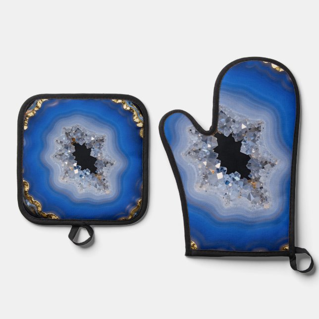 Blue Agate Geode Gold Edge Crystal Art Oven Mitt & Pot Holder Set (Front)