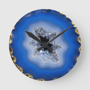 Blue Agate Geode Gold Edge Crystal Art Round Clock
