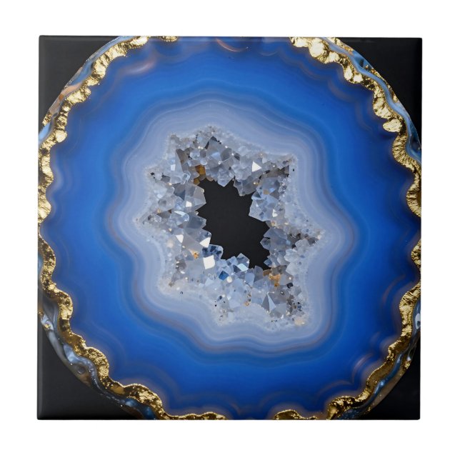 Blue Agate Geode Gold Edge Crystal Art Tile (Front)