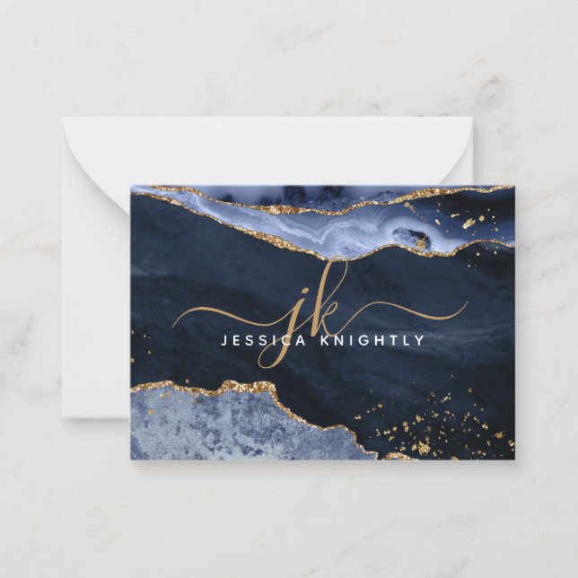 Blue Agate Geode Gold Glitter Script Monogram Card (Front)