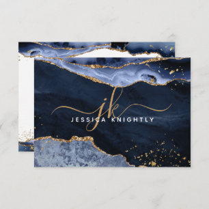 Blue Agate Geode Gold Glitter Script Monogram Name Card