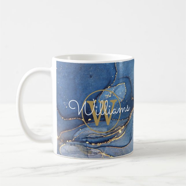 Blue Agate Geode Gold Monogram Script Name Coffee Mug (Left)