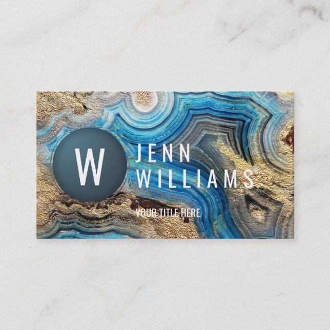 Blue agate geode modern aqua business card gold (Front)