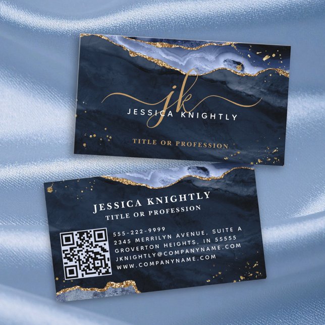 Blue Agate Geode Monogram Gold Script Business Card (Creator Uploaded)